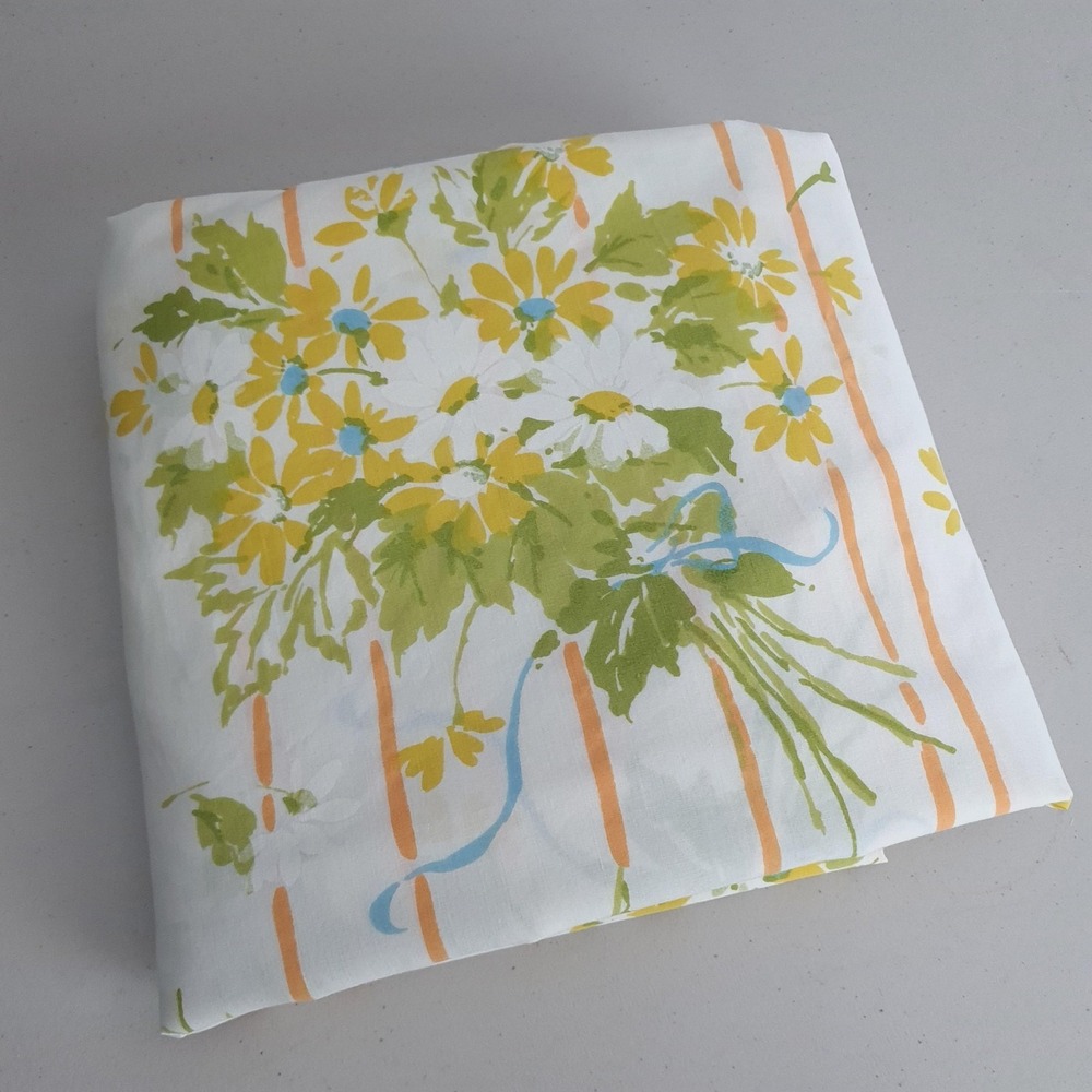 Vintage Utica Double Flat Sheet Daisy Floral Yellow Green Orange USA Bedding